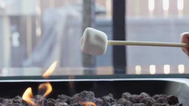 Het Roosteren Van Marshmallows Boven Een Kampvuur Het Avondlicht Van — Stockvideo