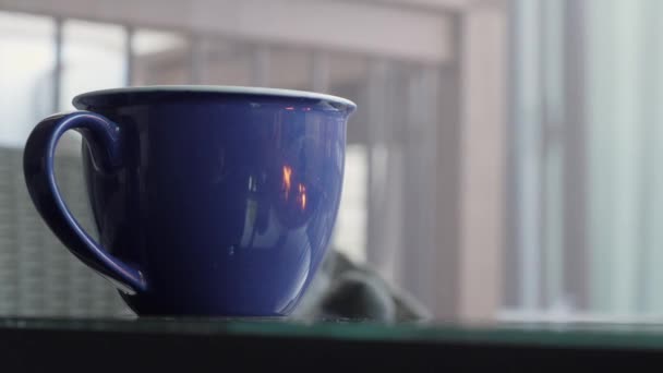 Nahaufnahme Der Blauen Tasse Mit Reflexion Der Flammen Der Feuerstelle — Stockvideo