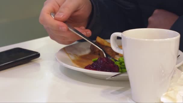 Almôndegas Comedoras Mão Servidas Com Batatas Fritas Legumes Prato Branco — Vídeo de Stock