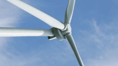 Gezegen 'in iyiliği için dönen ve yeşil ekolojik enerji üreten mavi gökyüzüne karşı bir rüzgar türbininin görüntüsünü kapat. Windmill Temiz Yenilenebilir Enerji Üretiyor. Dikey video