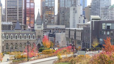 Montreal, Quebec Canada - 27 Ekim 2024: Renkli Ağaçlar ve İkonik Gökdelenler ile Montreal şehir merkezinin çarpıcı sonbahar şehri.