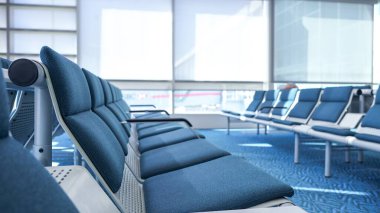 This is a photo of a row of empty blue airport seats with a large glass window in the background. The photo is taken from the perspective of a passenger sitting in one of the seats. clipart