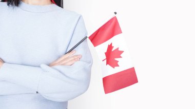 Mavi gömlekli tanınmamış bir kız çocuğu gri arka planda küçük Kanada bayrağı taşıyor, Kanada günü, tatil, oy, göçmenlik, vergi, kopya alanı.