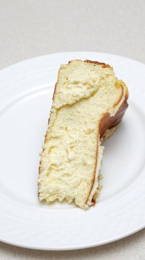 Beyaz bir tabakta New York usulü cheesecake diliminin yakın çekimi.
