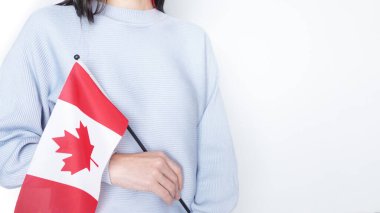 Mavi gömlekli tanınmamış bir kız çocuğu gri arka planda küçük Kanada bayrağı taşıyor, Kanada günü, tatil, oy, göçmenlik, vergi, kopya alanı.