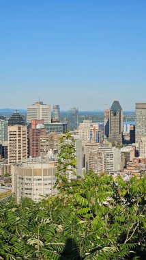 Montreal, QC Canada - 07.01.2024: Montreal Skyline Panorama Modern Mimari ve Lush Yeşillik ile Şehir Manzarası.