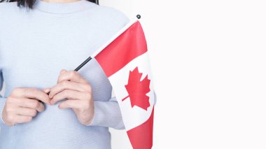 Gri arka planda küçük Kanada bayrağı taşıyan beyaz tişörtlü tanınmamış kız çocuğu, Kanada günü, tatil, oy, göç, vergi, kopya alanı.