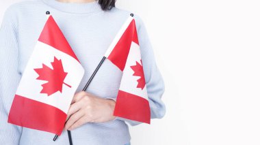 Gri arka planda küçük Kanada bayrağı taşıyan beyaz tişörtlü tanınmamış kız çocuğu, Kanada günü, tatil, oy, göç, vergi, kopya alanı.