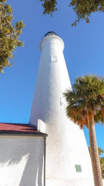Kıyıdaki deniz feneri parlak mavi gökyüzüne karşı yükselir, palmiye ağaçları tarafından çerçevelenir, doğadaki deniz güvenliğini ve manzaralı güzelliği temsil eder.