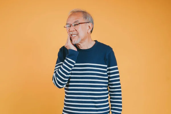 Dental Pain Portrait Senior Old Man Sad Hand Touching Cheek — Stock Fotó
