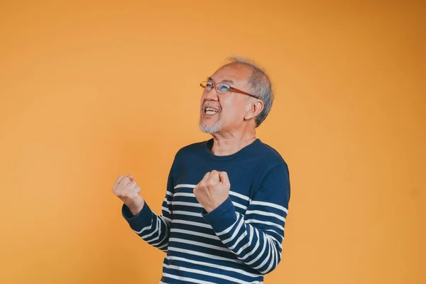 Izgatott Boldog Kifejezése Senior Idős Öregember Karok Emelt Ünneplő Győzelem — Stock Fotó