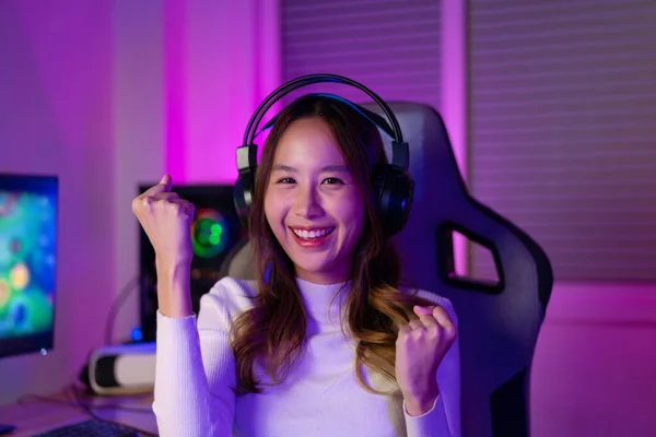 Asian Gamer Playing Online Video Game Winning Excited Lighting Effect — Stock Photo, Image