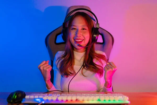 Asian Gamer Playing Online Video Game Winning Excited Lighting Effect — Stock Photo, Image