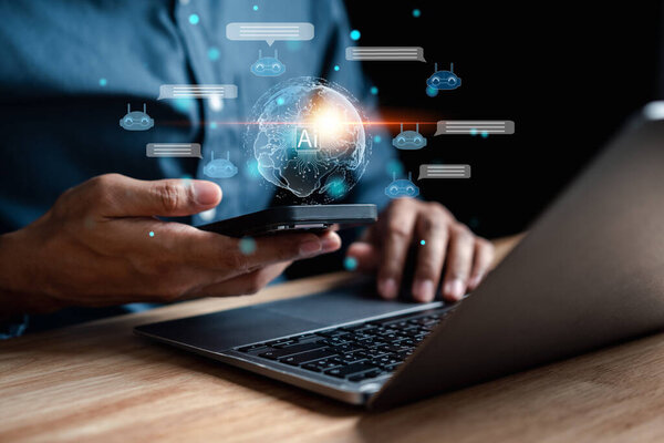 Беседа с искусственным интеллектом ИИ. Бизнесмен использует chatbot в компьютерном интеллектуальном интеллекте Ai, искусственном интеллекте, разработанном OpenAI. Футуристическая технология, робот в онлайн системе.