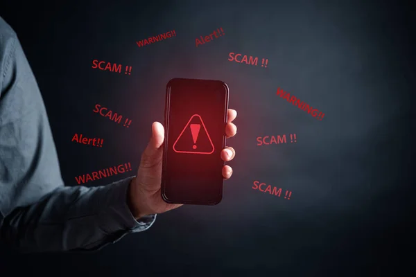Scam Alert Notification Smartphone Concept Virus Hacker Internet Security Businessman — Stock Photo, Image