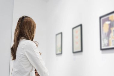 Sanat galerisini ziyaret eden bir kadın duvardaki resimleri sanat müzesindeki resim çerçevesi insan yaşam tarzı kavramını izliyor..