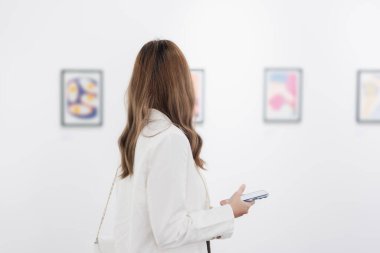 Sanat galerisini ziyaret eden bir kadın duvardaki resimleri sanat müzesindeki resim çerçevesi insan yaşam tarzı kavramını izliyor..