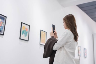 Sanat galerisini ziyaret eden bir kadın duvardaki resimleri sanat müzesindeki resim çerçevesi insan yaşam tarzı kavramını izliyor..