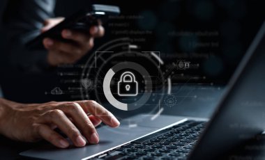 Biyometrik tanımlama parmak izi tarayıcısının gelecekteki dijital işlemleri. Dijital programların izleme ve güvenlik taraması kavramı siber fütüristik uygulamalar.