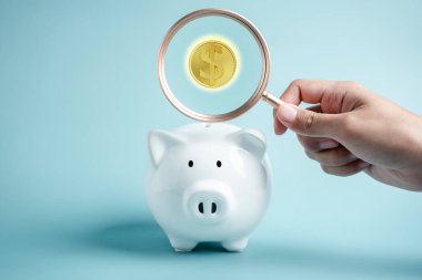 Piggy Bank konseptinde para biriktiriyorum. Dolar simgesi ile el ele tutuşan büyüteç, yatırım, emeklilik, gelir kavramı için bankacılık para yönetimi.