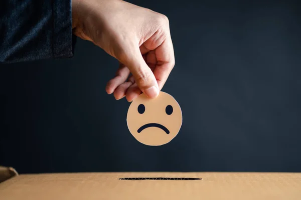 Customer Experience dissatisfied choose bad face emoticon paper cut drop to comment box. Bad review, bad service dislike poor quality, low rating, not good service.