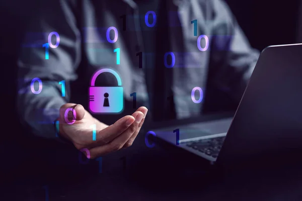 stock image Cybersecurity and privacy concepts to protect data. businessman with internet network security technology. Businessman locking personal data on computer with virtual screen interfaces. cyber security.