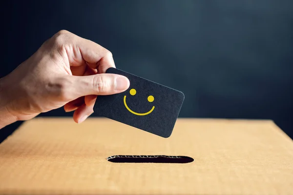 Customer Experiences giving five stars and smile face review, Client\'s Satisfaction Surveys on smartphone feedback review concept. Customer service experience and business satisfaction.