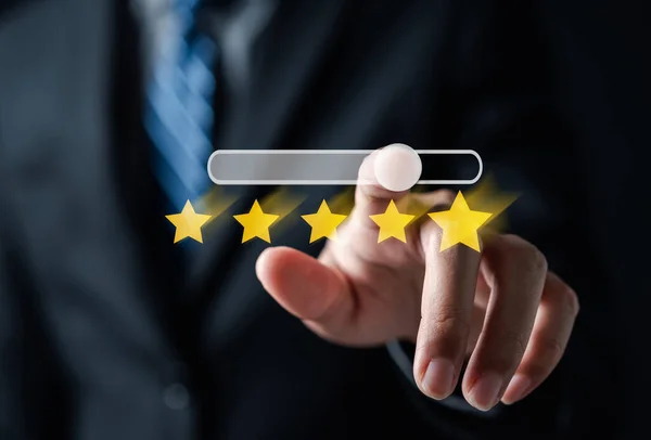 Customer Experiences giving five stars opinion review, Client\'s Satisfaction Surveys on smartphone feedback review concept. Customer service experience and business satisfaction.