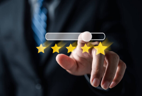 Customer Experiences giving five stars opinion review, Client's Satisfaction Surveys on smartphone feedback review concept. Customer service experience and business satisfaction.