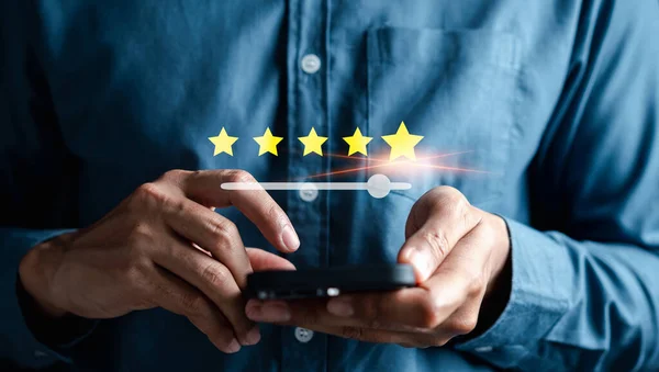 Customer Experiences giving five stars opinion review, Client\'s Satisfaction Surveys on smartphone feedback review concept. Customer service experience and business satisfaction.