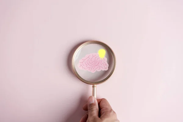 stock image Magnifier focus to human brain with lightbulb icon, idea creative intelligence thinking or Awareness of Alzheimer, Parkinson's disease, dementia, stroke, seizure or mental health.