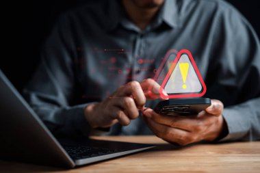 System warning caution sign for notification error and maintenance concept. cyber attack on computer network. Cybersecurity vulnerability, data breach, illegal connection, compromised information.