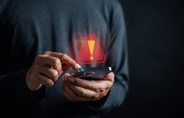 System warning caution sign for notification error and maintenance concept. cyber attack on computer network. Cybersecurity vulnerability, data breach, illegal connection, compromised information.