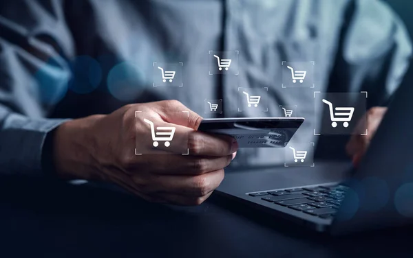 stock image Shopping online payment E-commerce concept. Man hand using smart phone, banking and online shopping via mobile banking app, E-transaction and financial technology