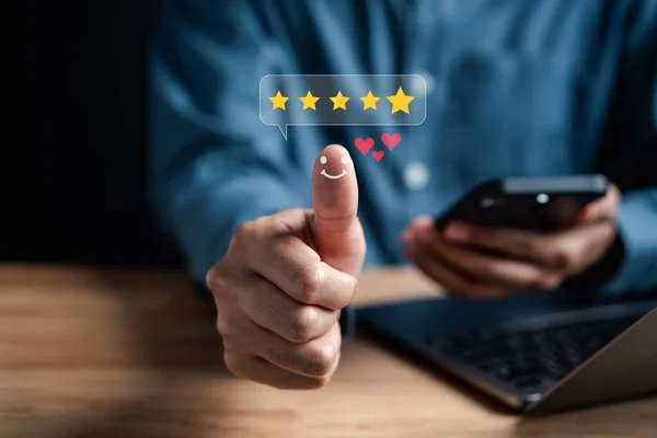 Businessman with thumb up Positive emotion happy five star and like, love icon, Customer satisfaction feedback review concept. Customer service experience and business satisfaction.
