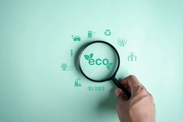 ガバナンスのネットワーク接続上の持続可能かつ倫理的なビジネスで 拡大は緑のエネルギー概念を開発するためのエコシステムアイコンに焦点を当てる — ストック写真