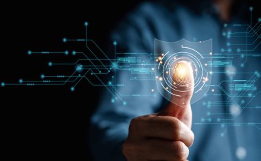 Biyometrik tanımlama parmak izi tarayıcısının gelecekteki dijital işlemleri. Dijital programların izleme ve güvenlik taraması kavramı siber fütüristik uygulamalar.
