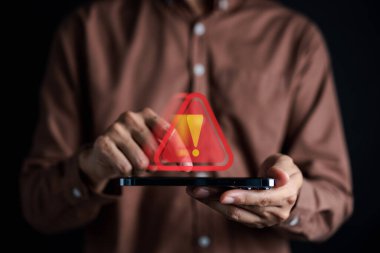 System warning caution sign for notification error and maintenance concept. cyber attack on computer network. Cybersecurity vulnerability, data breach, illegal connection, compromised information.