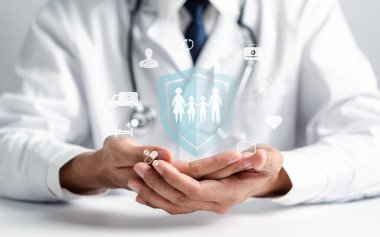 Steteskop el koruması olan üniformalı doktor aile ikonu. Sağlık sigortası ve sigorta kavramı. .