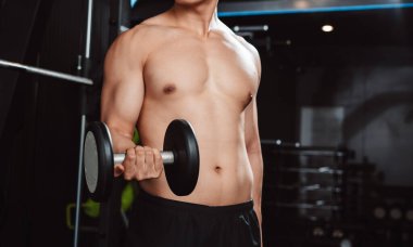 Erkek, spor salonunda halterli vücut geliştirici. Halterle egzersiz yapan vücut geliştirici. Spor eğitimi, sağlıklı vücut geliştirme, sporcu kaslı yaşam tarzı..