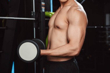 Erkek, spor salonunda halterli vücut geliştirici. Halterle egzersiz yapan vücut geliştirici. Spor eğitimi, sağlıklı vücut geliştirme, sporcu kaslı yaşam tarzı..