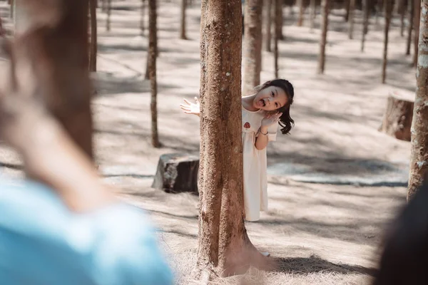 Menina Brincando Escondendo Atrás Árvore Acenando Mão Com Família Atividade — Fotografia de Stock
