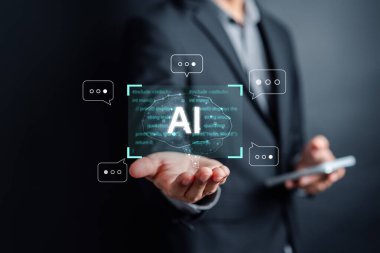 Ai Teknoloji Sistemi. Sohbet robotu istihbaratı kullanan bir iş adamı. Yapay Zeka ile sohbet, OpenAI tarafından geliştirildi. Gelecekçi teknoloji, çevrimiçi sistemde robot.