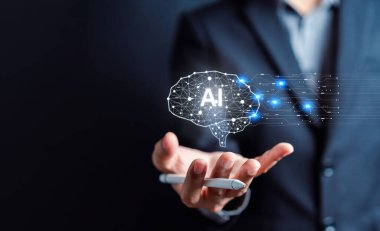 Ai Teknoloji Sistemi. Sohbet robotu istihbaratı kullanan bir iş adamı. Yapay Zeka ile sohbet, OpenAI tarafından geliştirildi. Gelecekçi teknoloji, çevrimiçi sistemde robot.