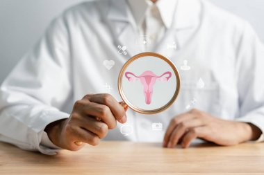 Beyaz önlüklü bir doktorun elinde sanal uterus üreme sistemi, kadın sağlığı, PCOS, yumurtalık jinekolojik ve rahim ağzı kanseri, sağlıklı kadın kavramı var.
