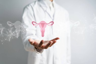 Beyaz önlüklü bir doktorun elinde sanal uterus üreme sistemi, kadın sağlığı, PCOS, yumurtalık jinekolojik ve rahim ağzı kanseri, sağlıklı kadın kavramı var.