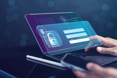 Verileri korumak için siber güvenlik ve gizlilik kavramları. İnternet ağı güvenlik teknolojisi olan bir iş adamı. Akıllı telefondan kişisel bilgileri kullanan bir iş adamı. siber güvenlik kavramı.