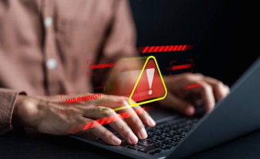 System warning caution sign for notification error and maintenance concept. cyber attack on computer network. Cybersecurity vulnerability, data breach, illegal connection, compromised information.