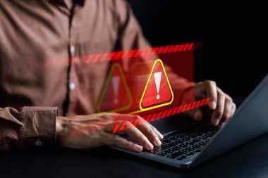 System warning caution sign for notification error and maintenance concept. cyber attack on computer network. Cybersecurity vulnerability, data breach, illegal connection, compromised information.