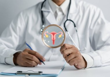Doctor in a white coat checkup uterus reproductive system , women's health, PCOS, ovary cancer treatment and examine, Healthy feminine concept. clipart